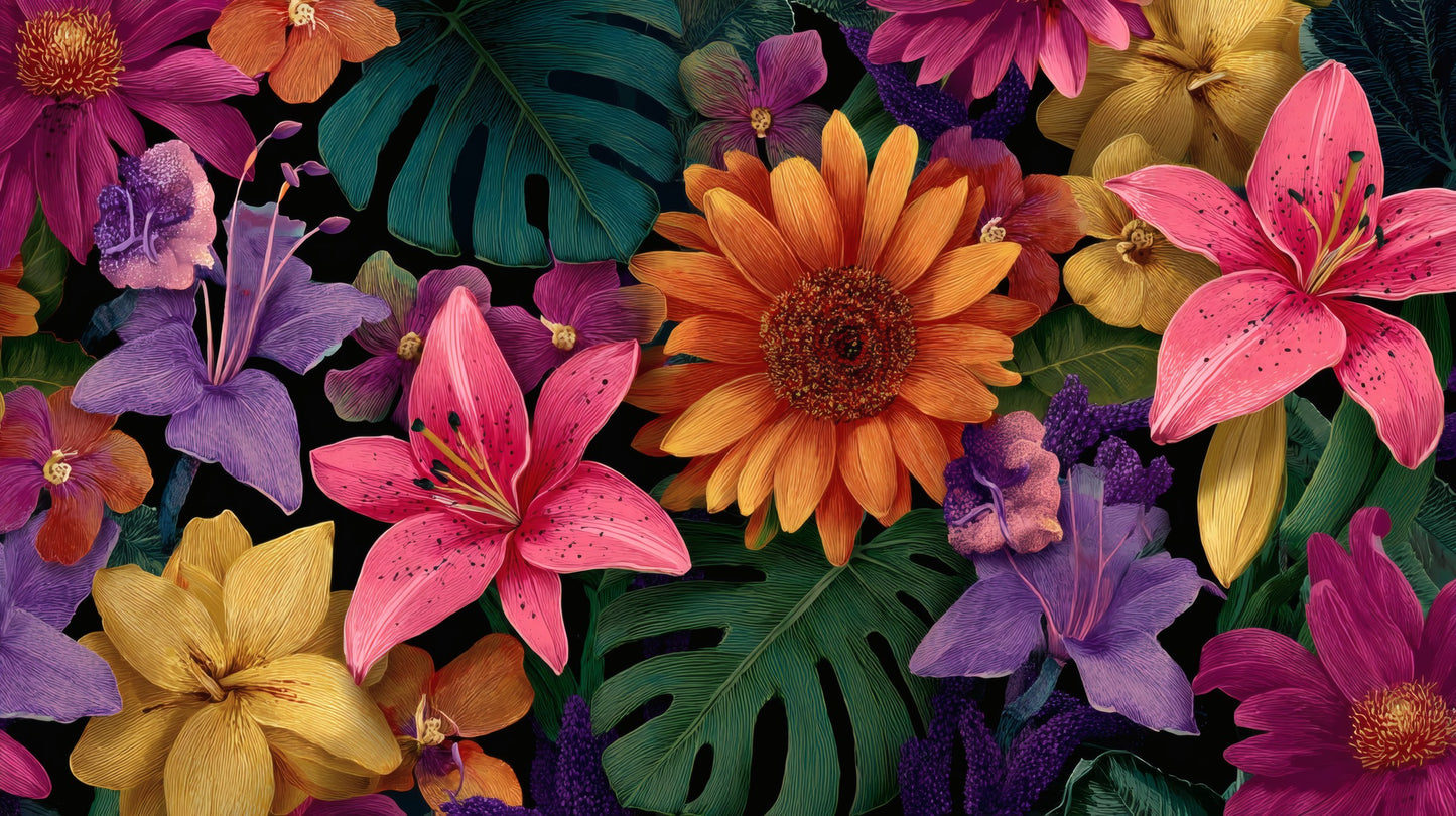 Vibrant pink lilies, orange sunflowers, and green monstera leaves against a dark black background.