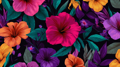 Vibrant pink and orange hibiscus blossoms among dark teal leaves on a black background.