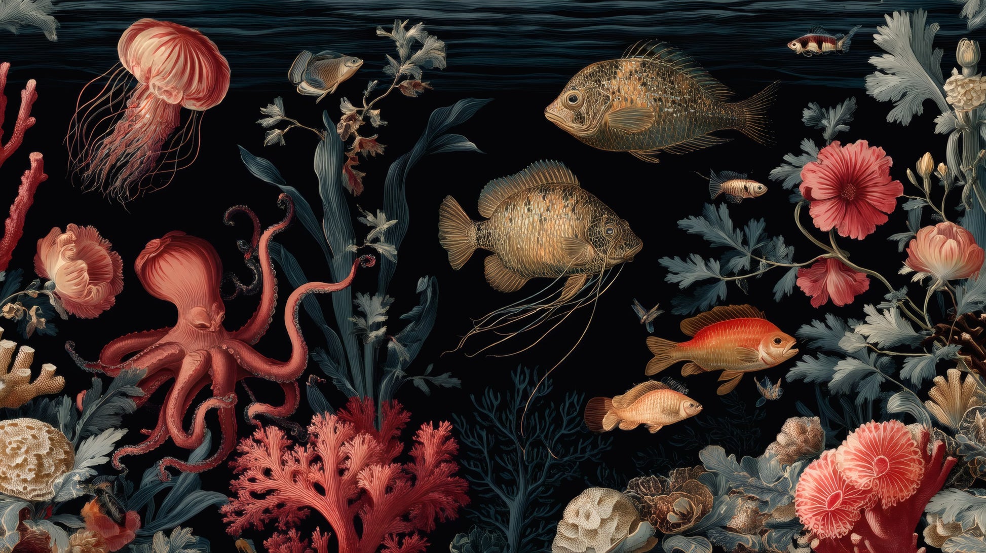 Detailed illustration of an octopus, jellyfish, and fish swimming among colorful coral on a black background.