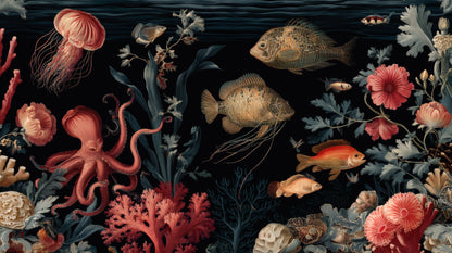Detailed illustration of an octopus, jellyfish, and fish swimming among colorful coral on a black background.