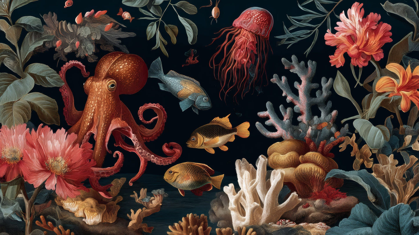 Detailed illustration of an octopus, jellyfish, and fish swimming among colorful coral and large pink flowers.