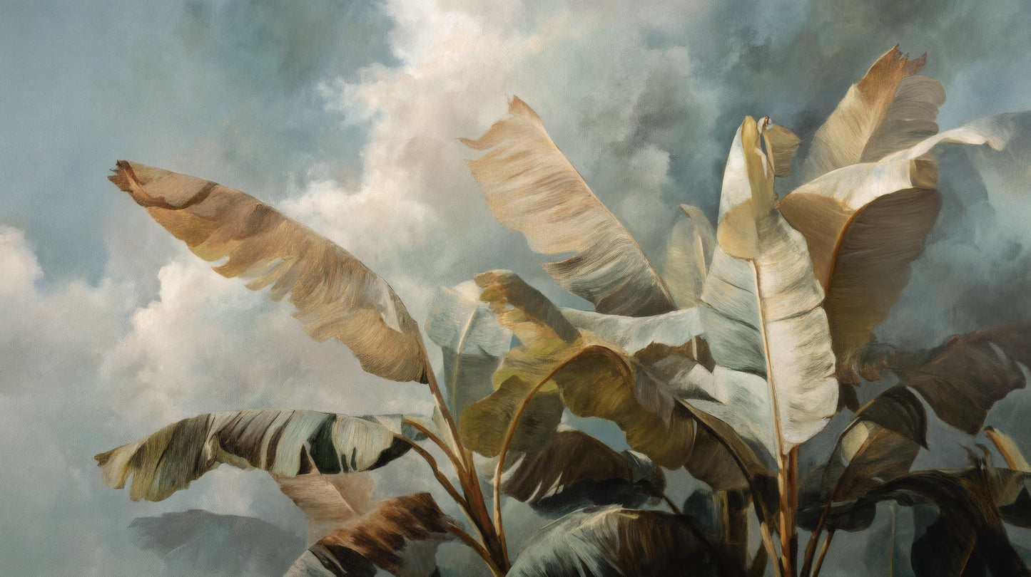 Oil painting of large banana leaves swaying against a dark, cloudy sky with visible brushstroke textures.