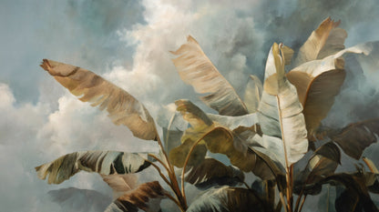 Oil painting of large banana leaves swaying against a dark, cloudy sky with visible brushstroke textures.