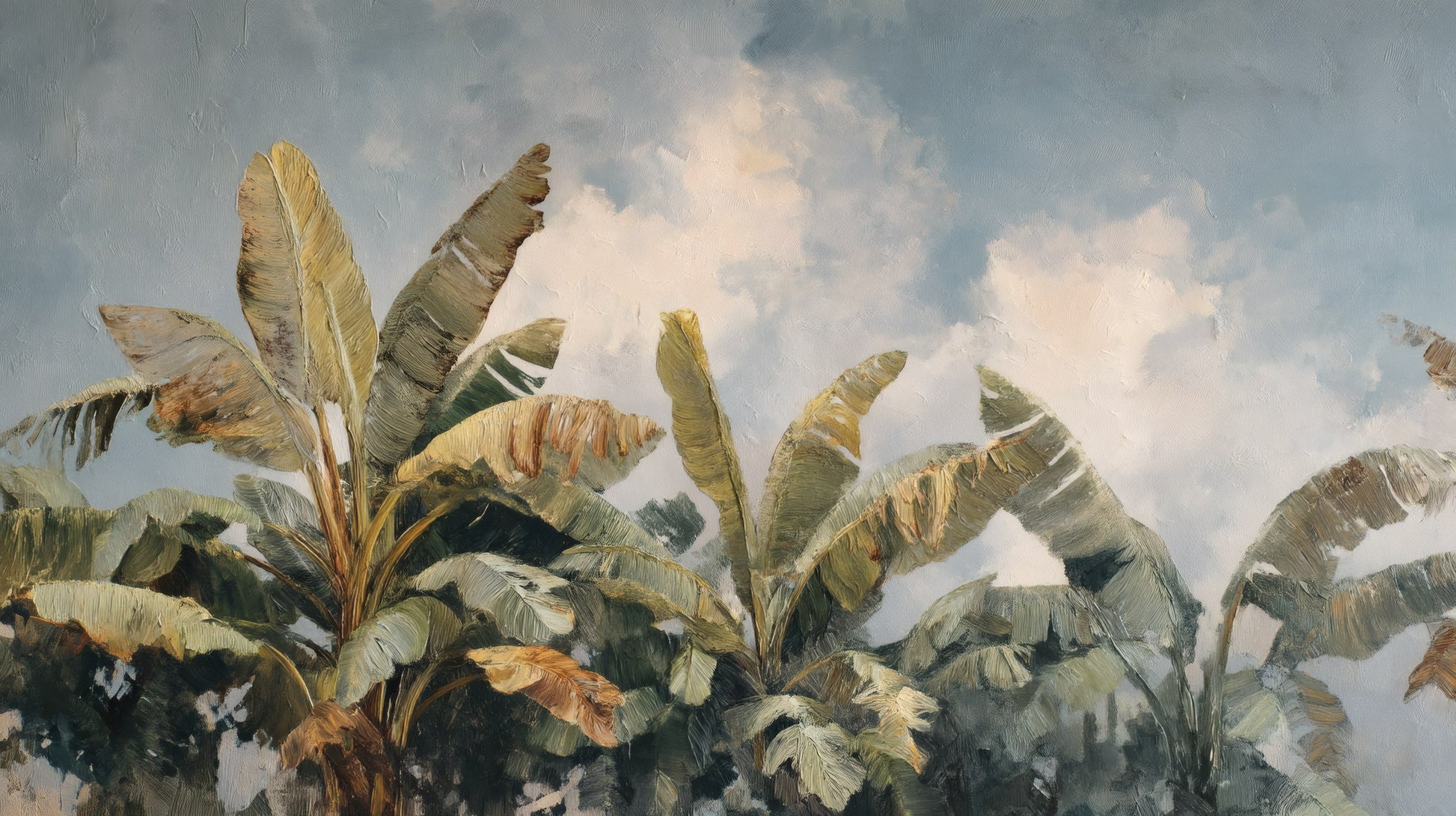 Painterly banana palm leaves with thick brushstrokes against a cloudy, light blue and cream sky.