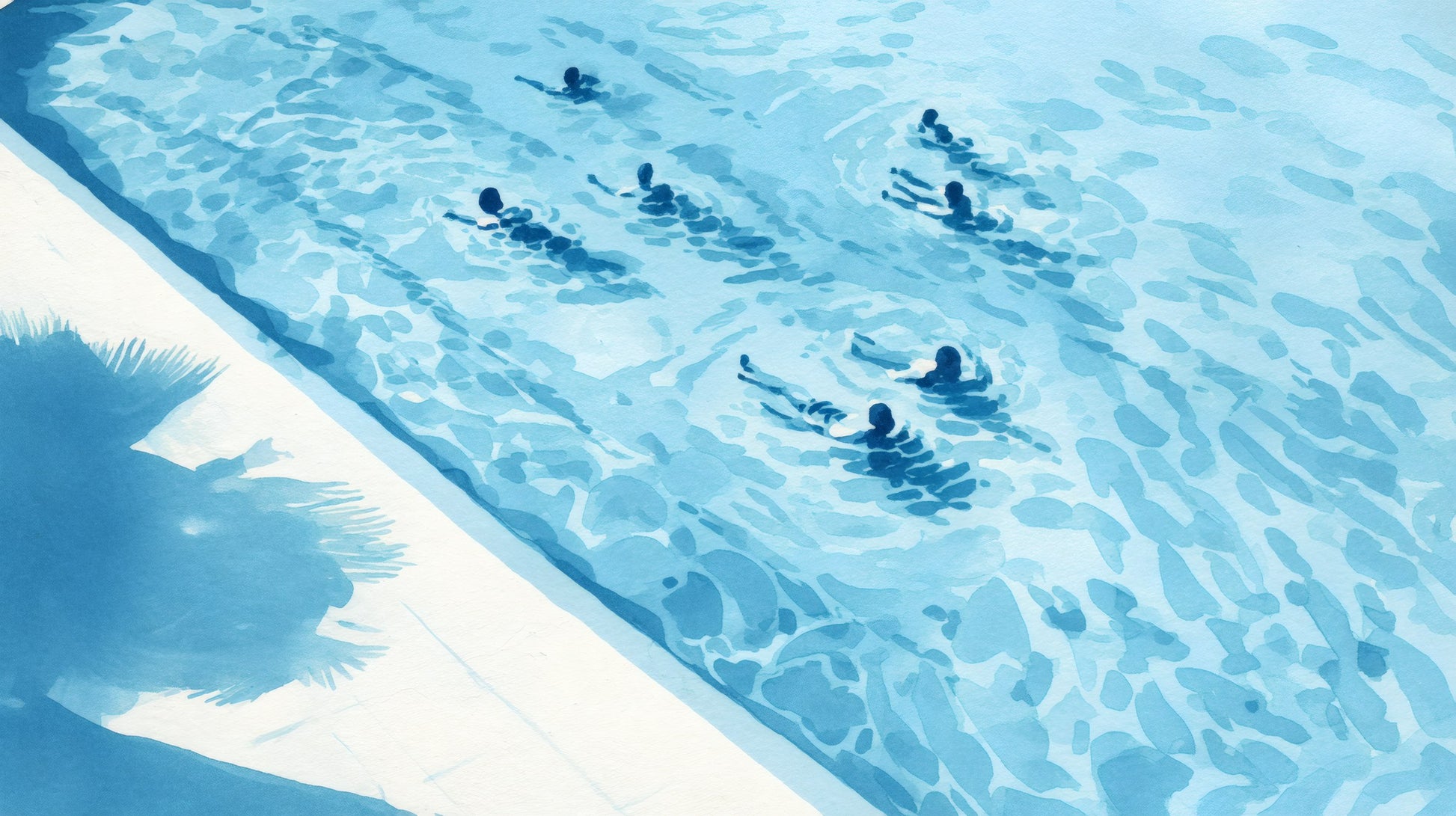 Watercolor illustration of swimmers in a blue swimming pool with soft ripples and sunlit shadows.
