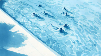 Watercolor illustration of swimmers in a blue swimming pool with soft ripples and sunlit shadows.