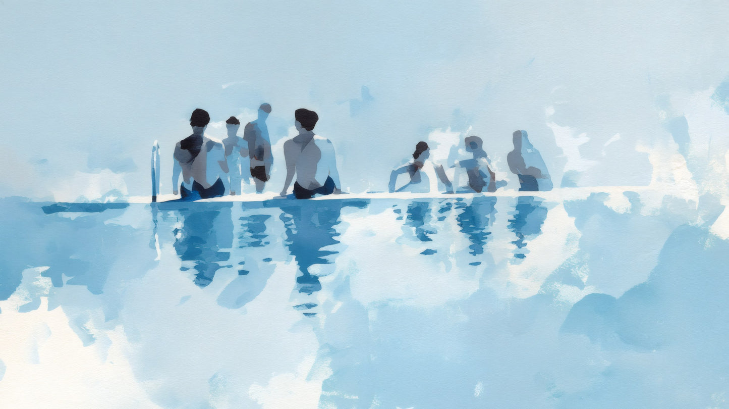 Minimalist watercolor painting of people sitting on the edge of a bright blue swimming pool with reflections.