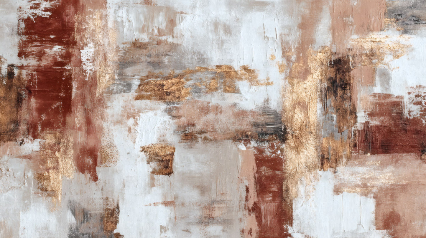Textured wall mural with earthy terracotta, white paint strokes, and shimmering gold metallic leaf details.