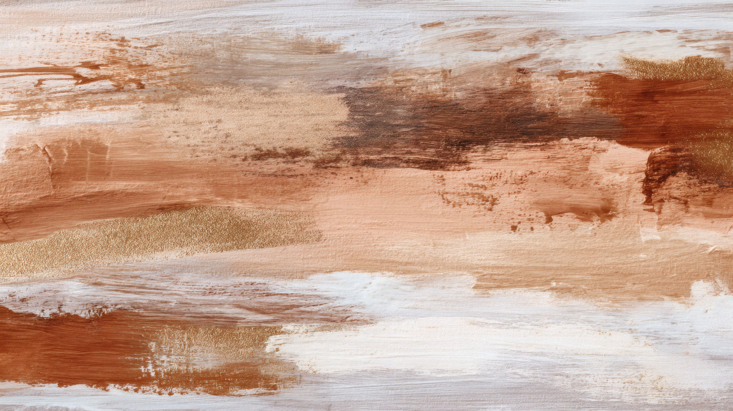 Horizontal painterly brushstrokes in terracotta, ochre, and white with metallic gold highlights.