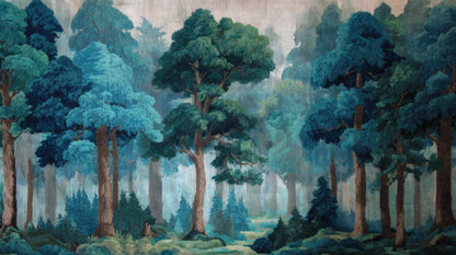 A textured wall mural depicting a dense forest of tall pine trees in shades of indigo, teal, and deep green.