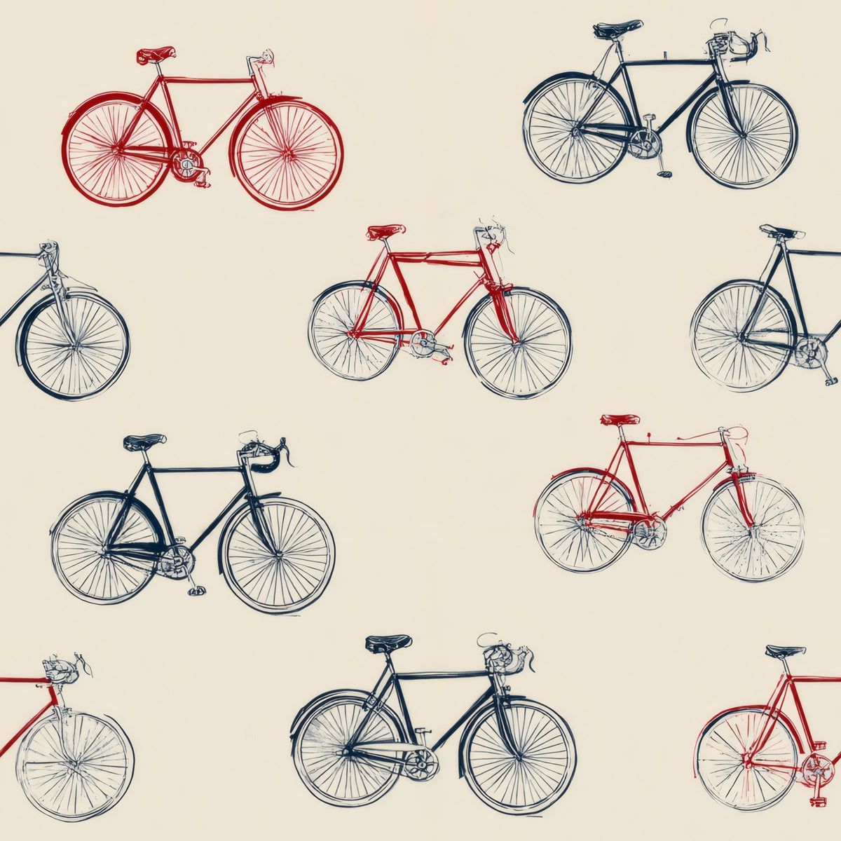 Vintage racing bicycles drawn in red and navy line on a cream ground.