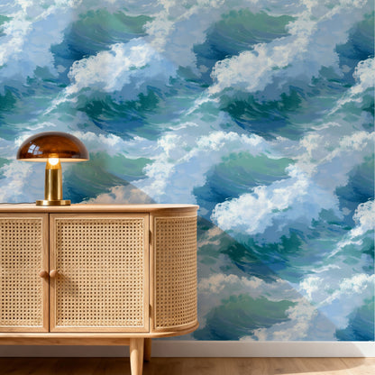 Big Blue large scale wallpaper in a styled room