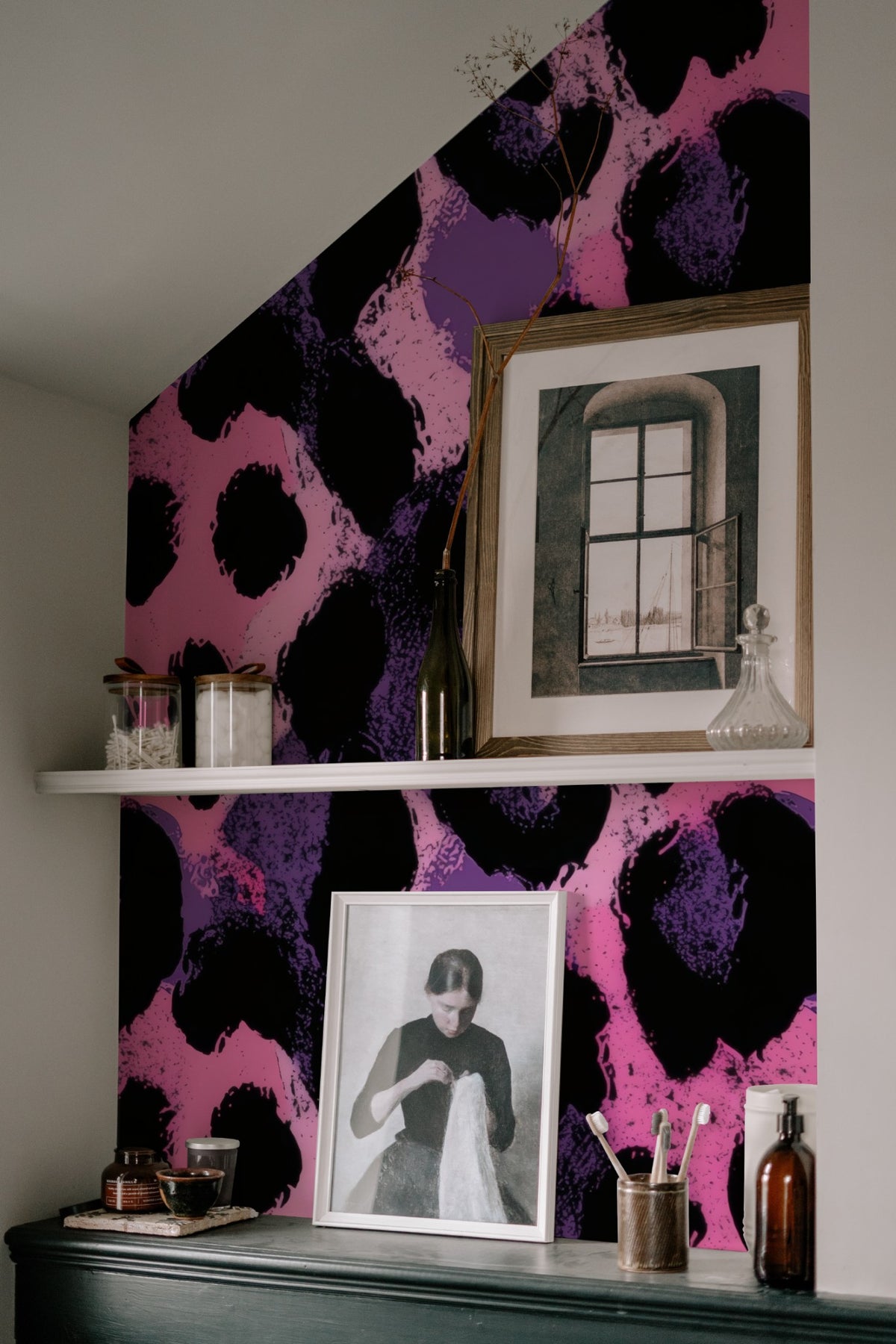 Bubblegum Cat large scale wallpaper in a styled room