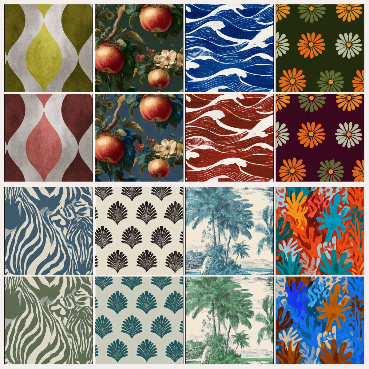 Custom wallpaper colorways: eight State of the Wall patterns, each shown above a new colorway