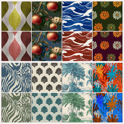 Custom wallpaper colorways: eight State of the Wall patterns, each shown above a new colorway