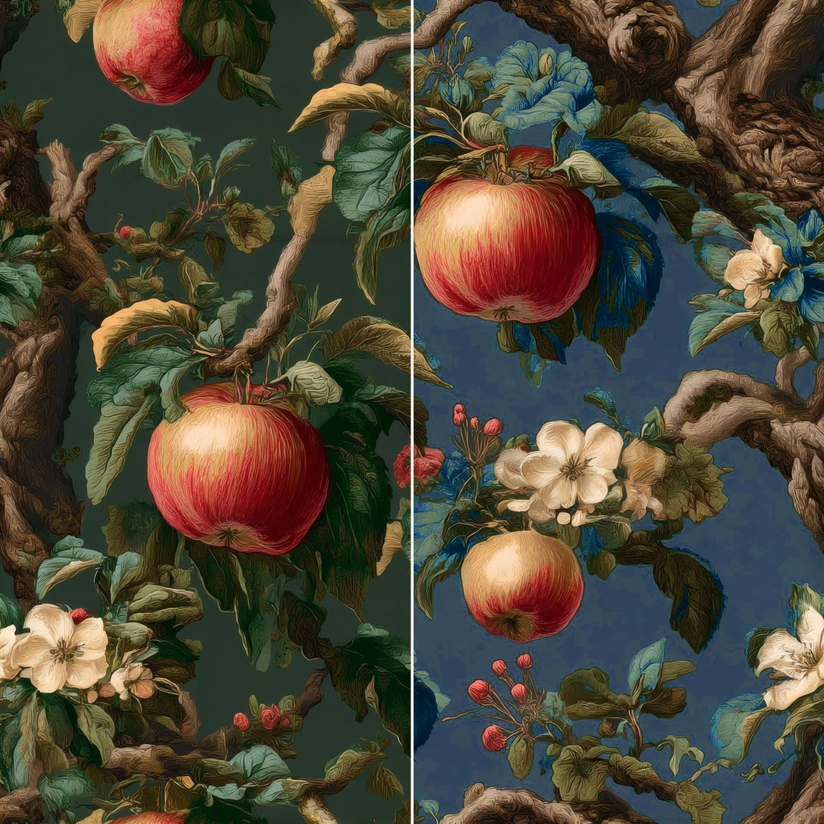 Custom wallpaper example: Orchard Bough wallpaper with its dark green ground recolored to navy