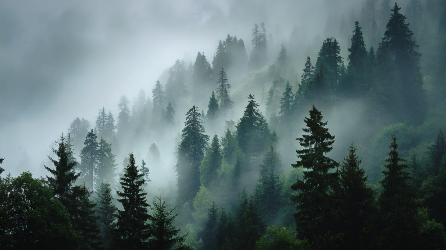 Misty pine forest on a steep mountain slope with thick white fog weaving through evergreen trees.