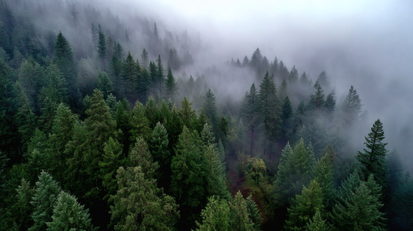 Aerial view of a dense green evergreen forest partially obscured by thick white morning mist and fog.