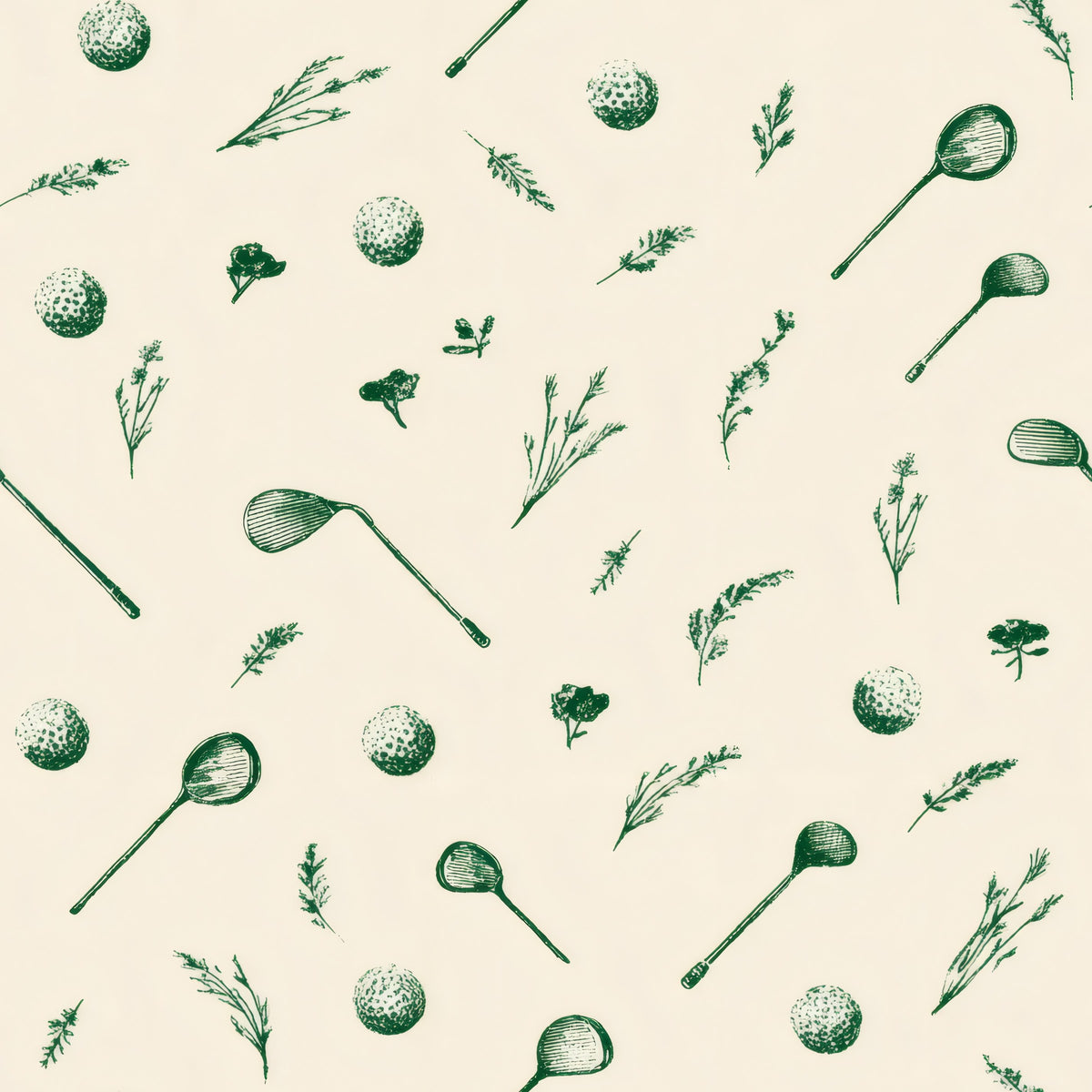Golf clubs, golf balls and sprigs drawn in deep green ink on a cream ground.