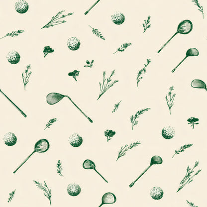 Golf clubs, golf balls and sprigs drawn in deep green ink on a cream ground.