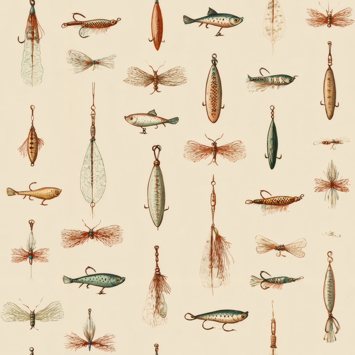 Fishing flies, lures and small trout drawn in olive, rust and brown on a cream ground.