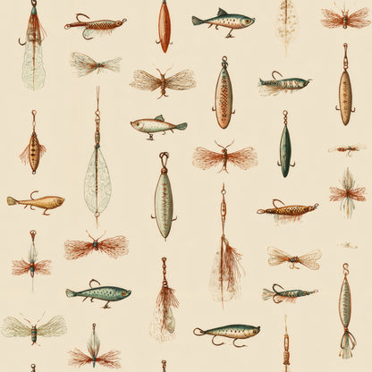 Fishing flies, lures and small trout drawn in olive, rust and brown on a cream ground.