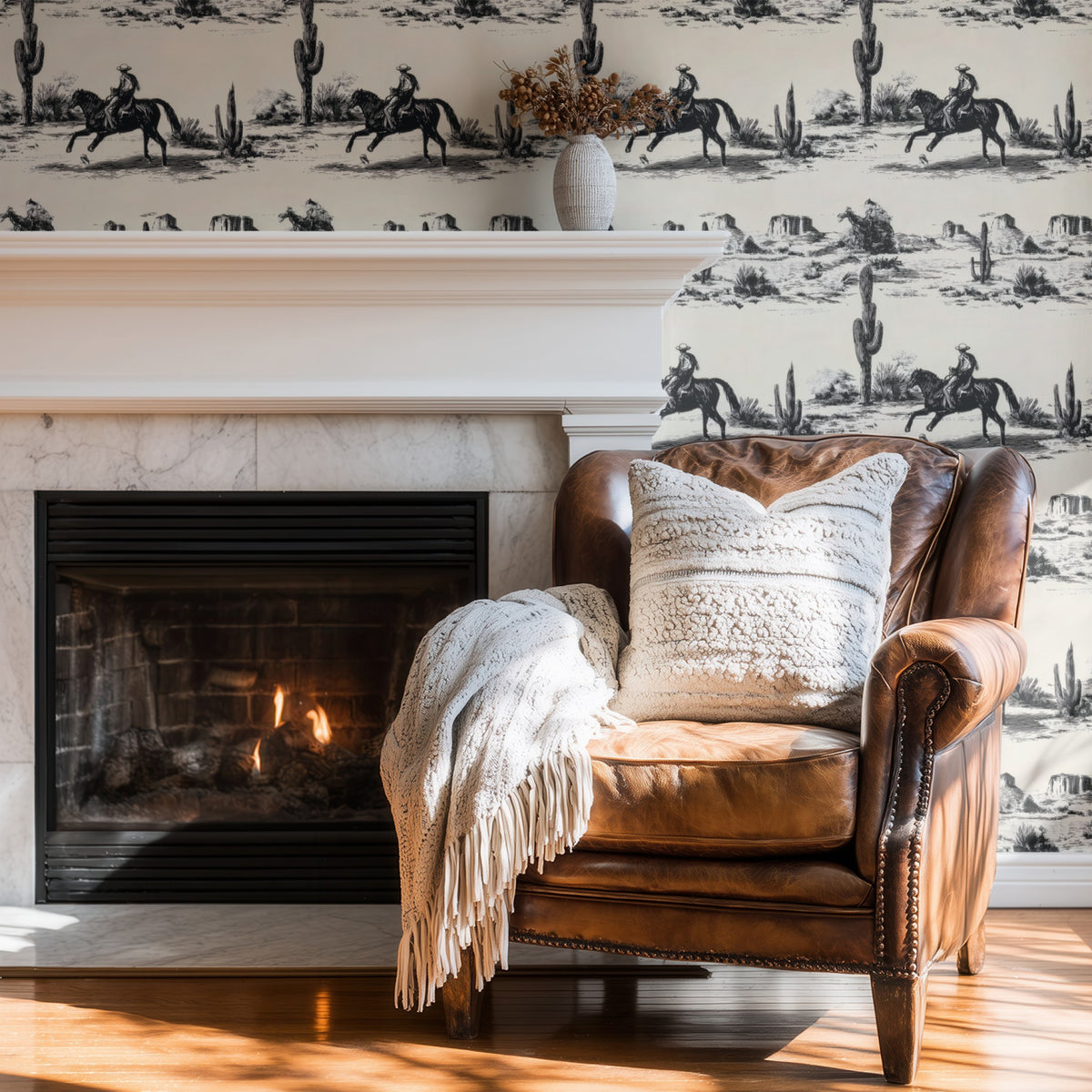 Western Toile Frontier Trail large scale wallpaper in a styled room