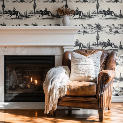 Western Toile Frontier Trail large scale wallpaper in a styled room