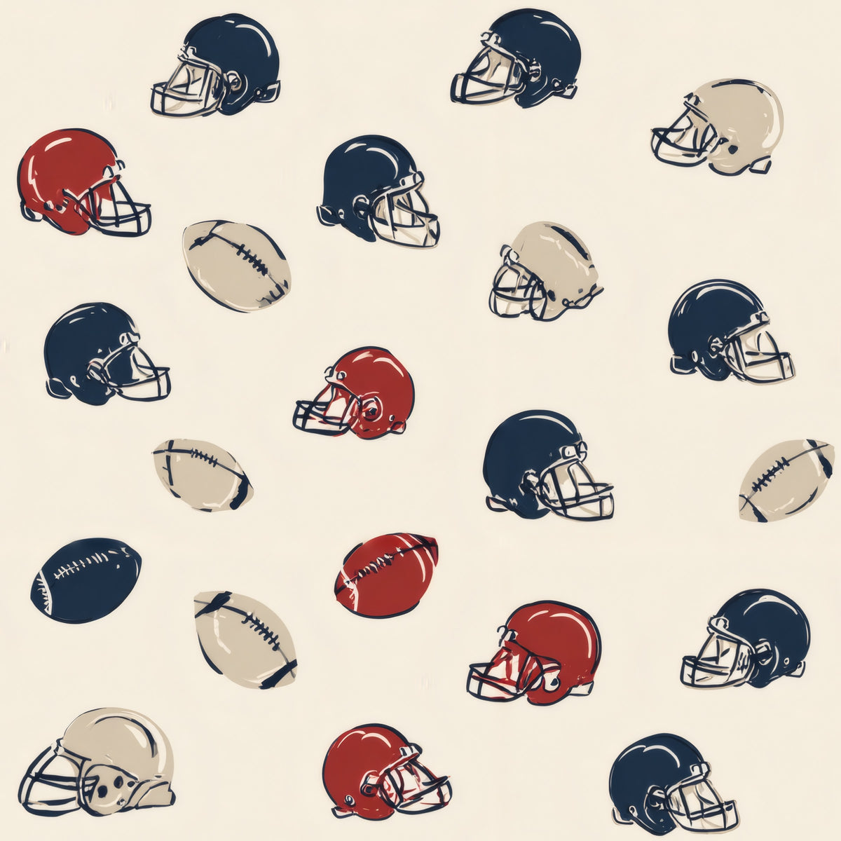 Navy, red and tan football helmets and small footballs scattered on a cream ground.