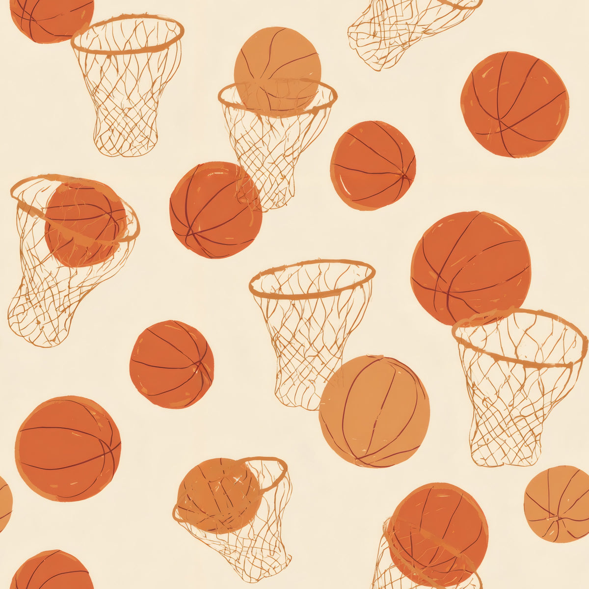 Orange basketballs and sketched basketball hoops with nets on a cream ground.