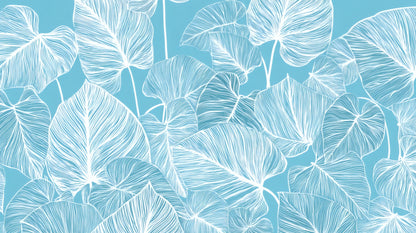 White hand-drawn tropical leaf outlines overlapping on a soft blue background.
