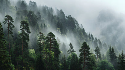 Tall pine trees shrouded in thick white fog on a misty mountain slope.