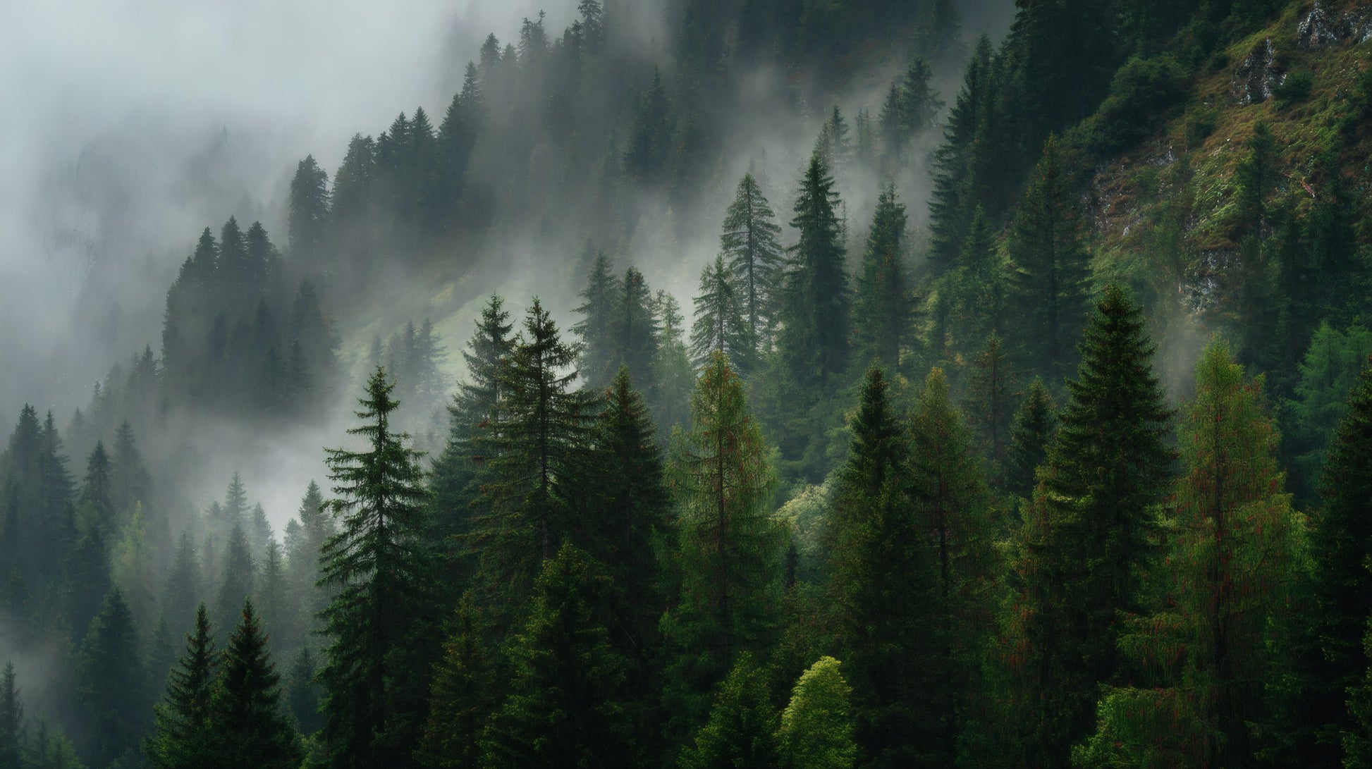Misty coniferous forest with towering pine trees shrouded in thick mountain fog on a steep hillside.