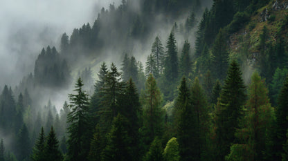Misty coniferous forest with towering pine trees shrouded in thick mountain fog on a steep hillside.