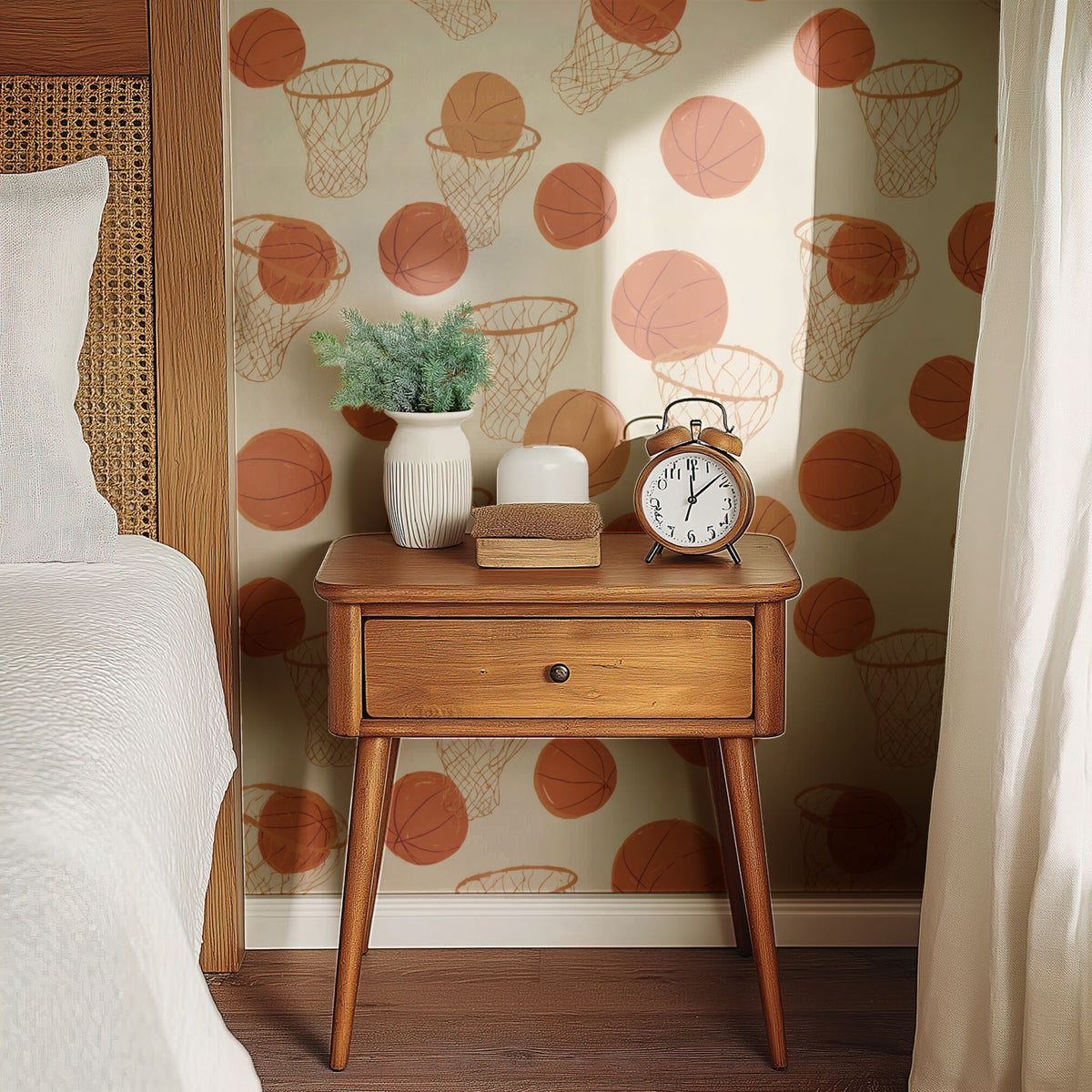 Hoop Shot wallpaper on a wall — Bedside table with clock scene