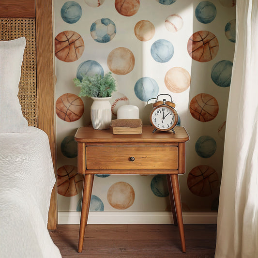 Watercolor Sports wallpaper on a wall — Wingback chair by fire scene