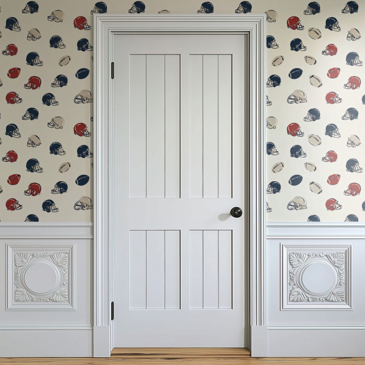 Gridiron Helmets wallpaper on a wall — Door in hallway scene