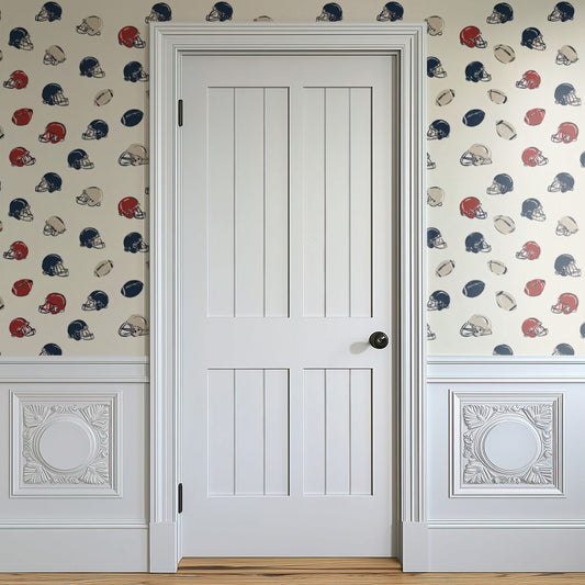 Gridiron Helmets wallpaper on a wall — Door in hallway scene