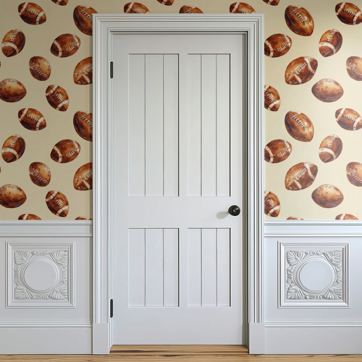 Vintage Football wallpaper on a wall — Door in hallway scene