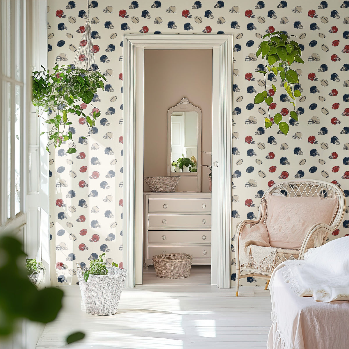 Gridiron Helmets wallpaper on a wall — Door to ensuite scene