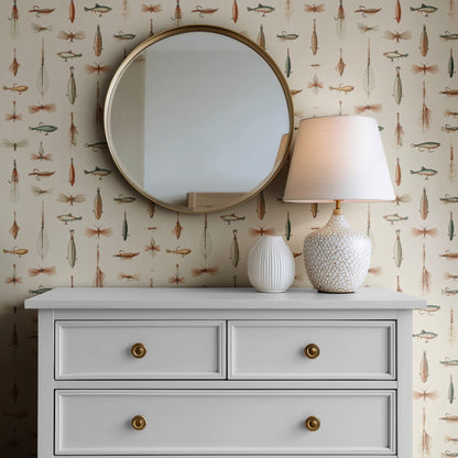 Fly Box wallpaper on a wall — Mirror above Dresser scene
