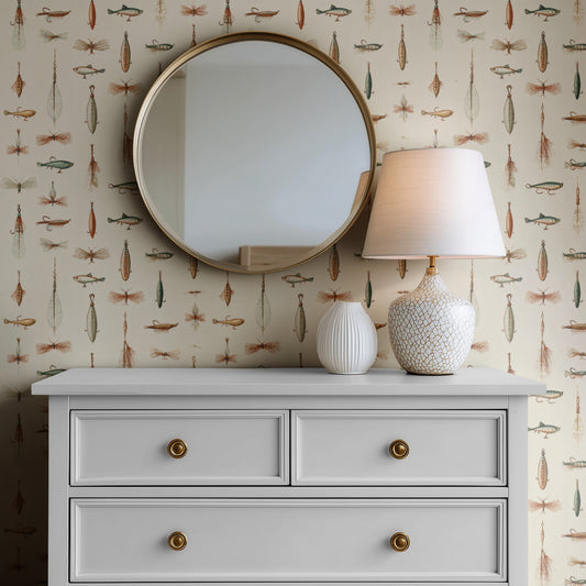 Fly Box wallpaper on a wall — Mirror above Dresser scene