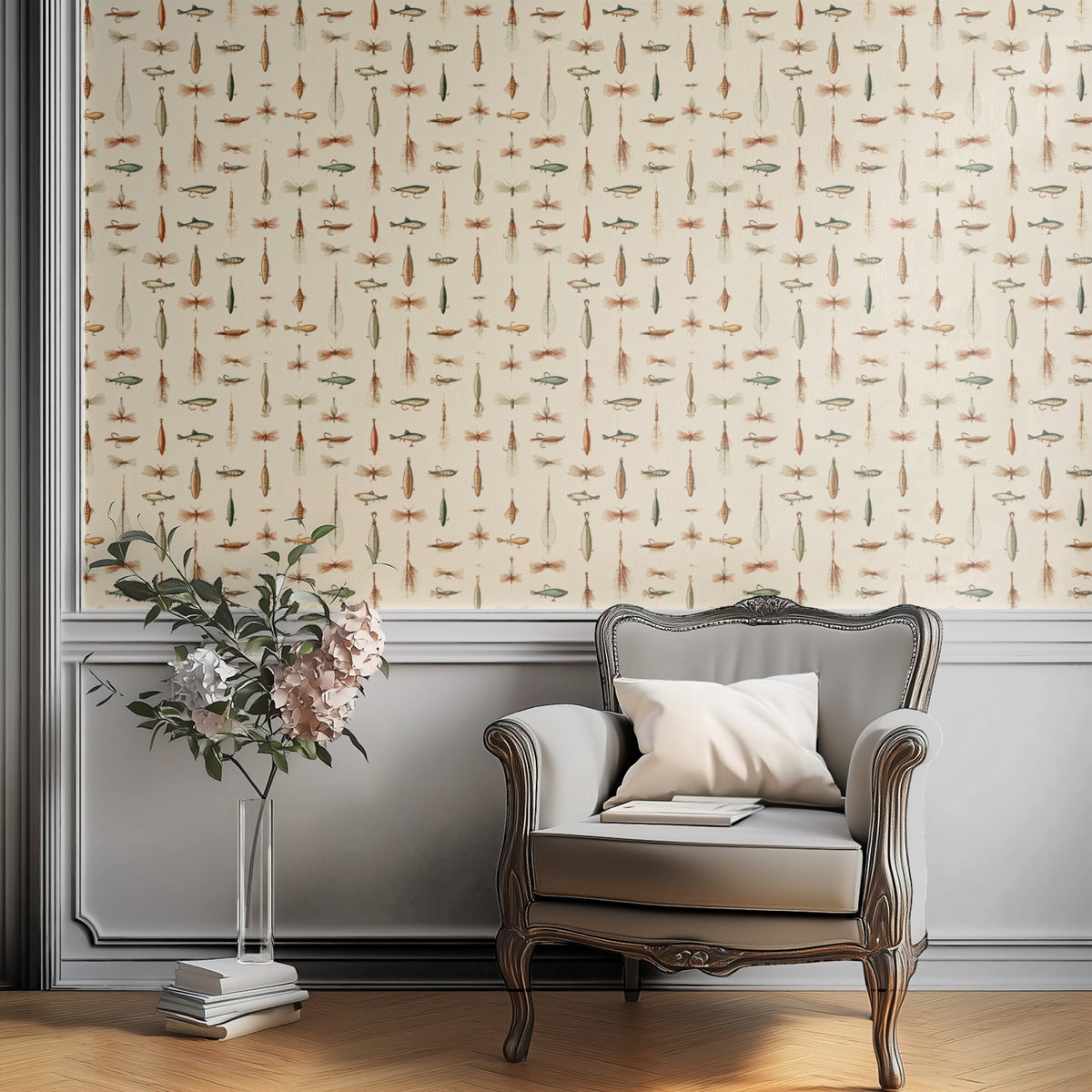 Fly Box wallpaper on a wall — Plant Chair below wall scene