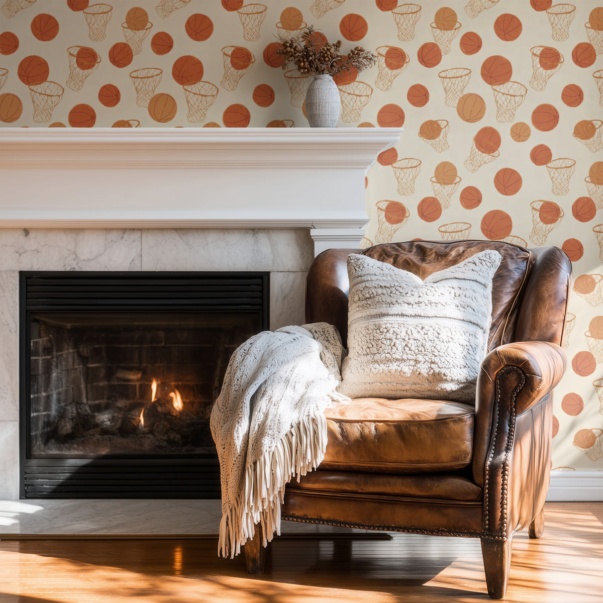 Hoop Shot wallpaper on a wall — Wingback chair by fire scene