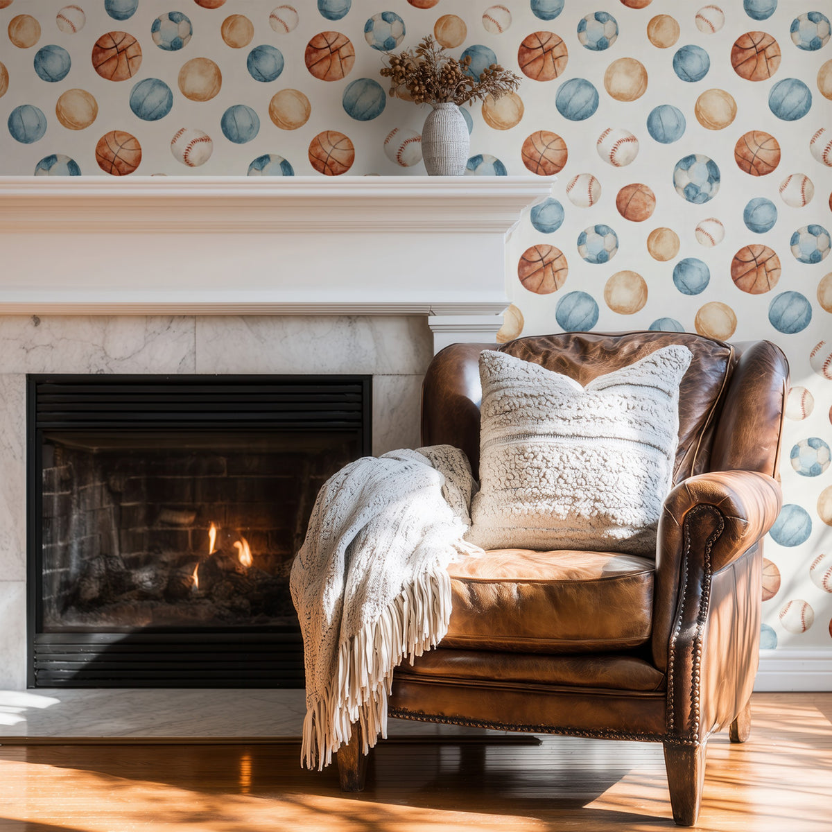 Watercolor Sports wallpaper on a wall — Wingback chair by fire scene