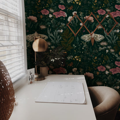 Moth Meadow large scale wallpaper in a styled room