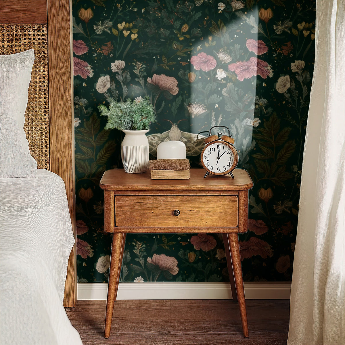 Moth Meadow large scale wallpaper in a styled room