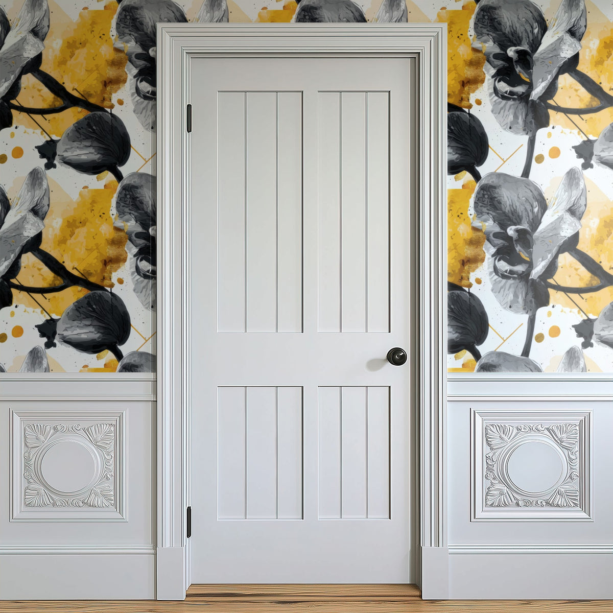 Ochre Orchid large scale wallpaper in a styled room