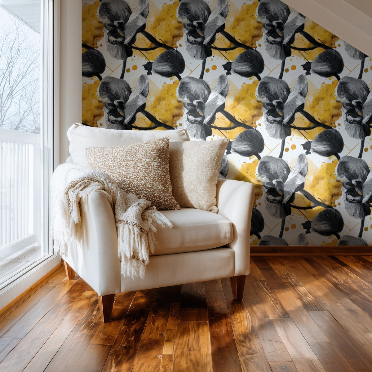 Ochre Orchid large scale wallpaper in a styled room