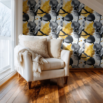 Ochre Orchid large scale wallpaper in a styled room